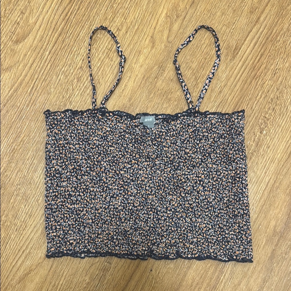 Aerie Small Navy and Orange Ditsy Floral Print Cropped Smocked Tank Top Summer